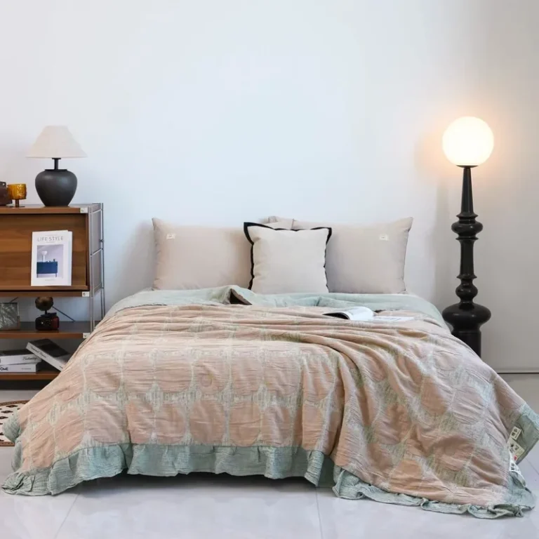 Throw / Towel Blanket – Teal ground with apricot dots + green ruffle