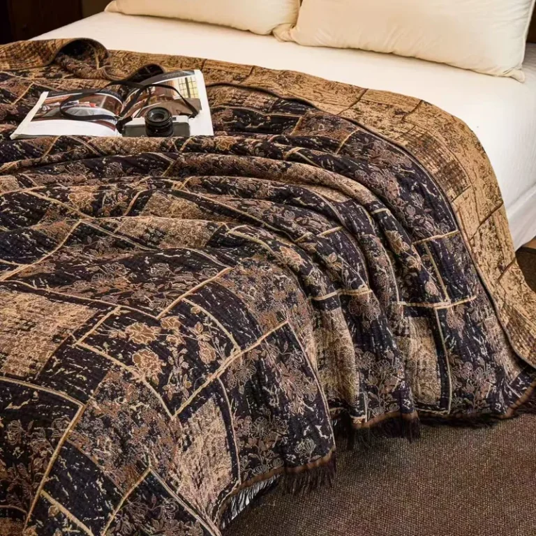 Throw / Towel Blanket – Deep coffee vintage patchwork floral jacquard…