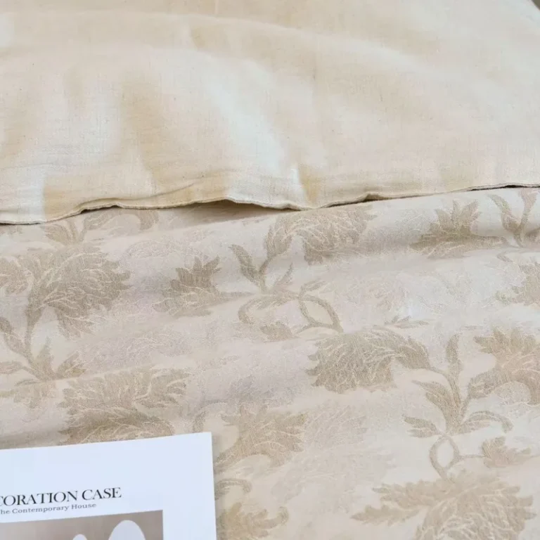 Throw / Towel Blanket – Beige damask / scroll jacquard + ruffle