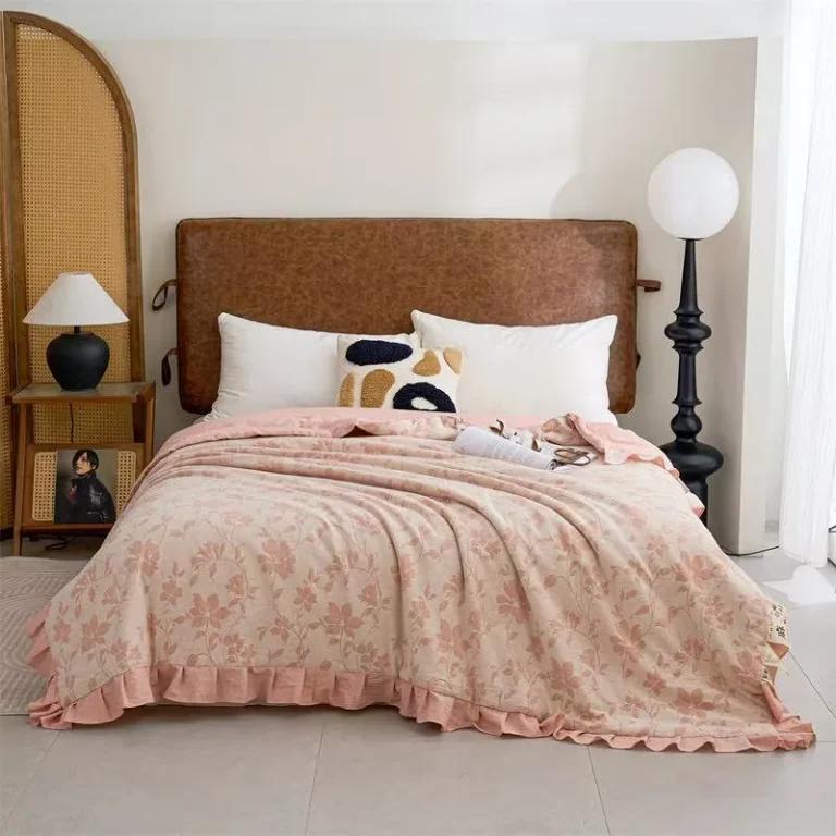 Throw / Towel Blanket – Peach floral gauze + pink ruffle