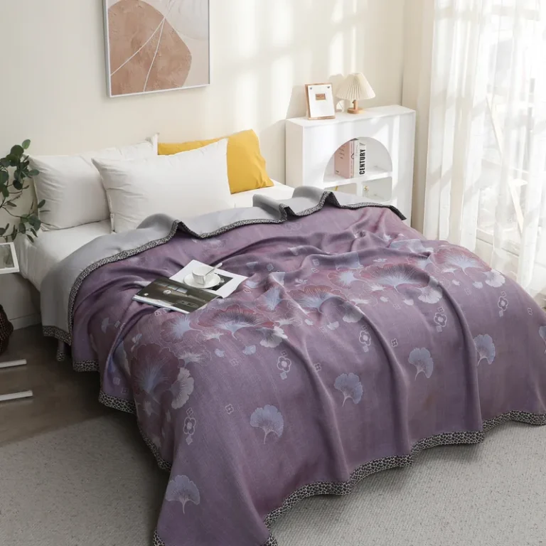 Throw / Towel Blanket – Purple prints (ginkgo/dense floral/rope); gre…