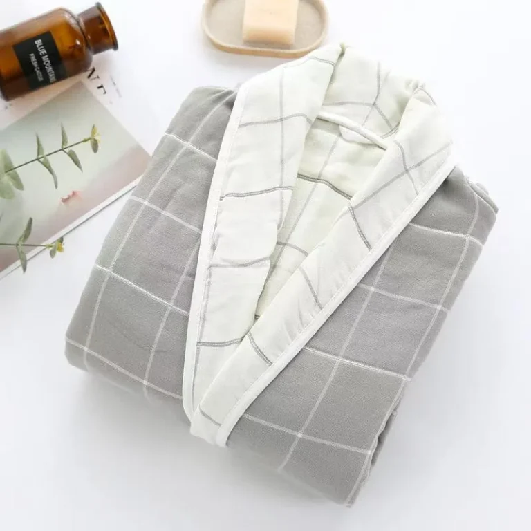 Gauze Bathrobe (Color-block Plaid)